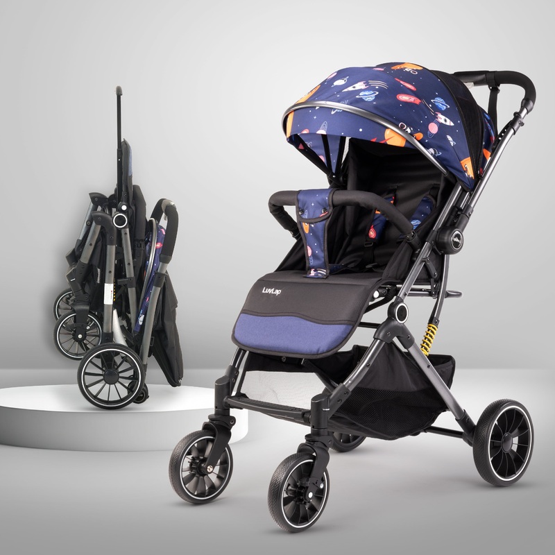 Alpha Baby Stroller/Pram, One Fold, Travel Friendly, 5 Point Safety Harness, Reversible Handle bar, Multilevel Recline & Adjustable footrest, Extendable Canopy, for Babies 0-3 Years (Blue)