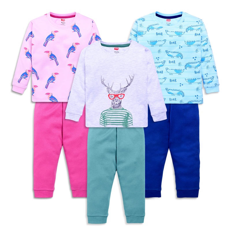 Baby Boys 100% Cotton Full Sleeve Boys T-Shirt & Pyjama Sets Pack Of 3, Grey Melange, Baby Pink & Supra M – 3 to 6 Months