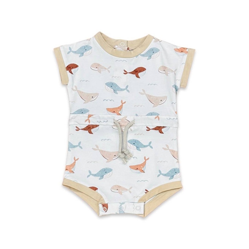 Whales Tie Playsuit Baby Romper (Organic Jersey): 3-6M / Natural