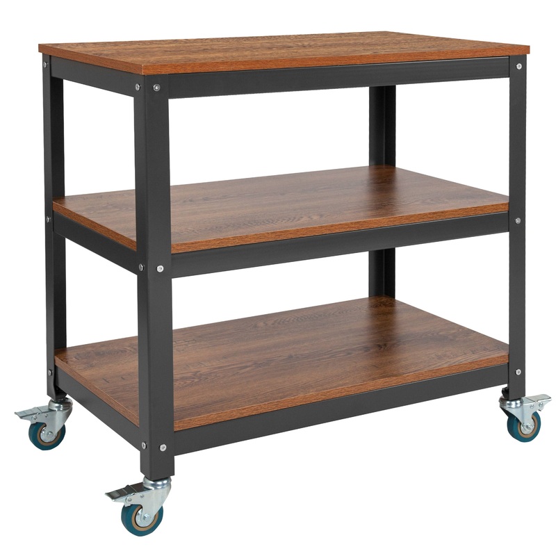 30″W Brown Oak Rolling Cart with Metal Wheels