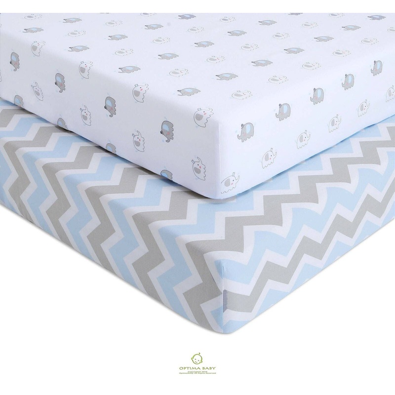 OptimaBaby 2PCS Pack BLue Elephant Chevron Fitted Crib Sheets