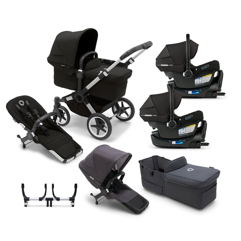 Bugaboo Donkey 5 Mono Complete Stroller + Duo + Bassinet + Bugaboo Turtle Air Shield By Nuna Car Seat Twin Travel System Midnight Black Washed Black Stormy Blue