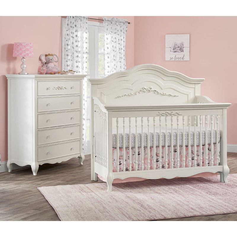 Oxford Emily 2 Piece Set – Convertible Crib and 5 Drawer Chest in Pearl White