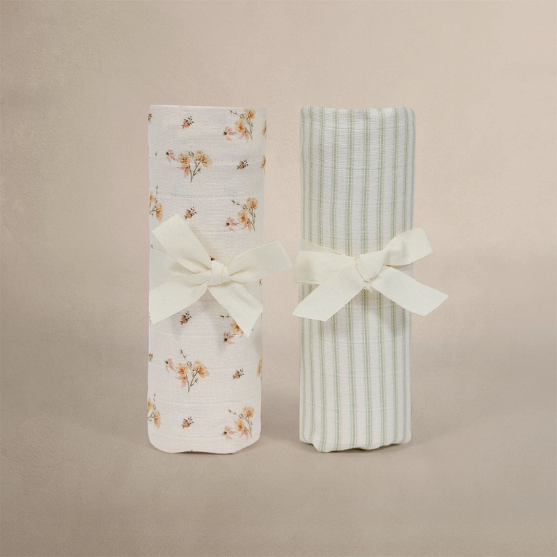 Oilo Fable Blanket- Swaddle 2 Pack – Dainty Floral/Stripe Sea Moss Organic Muslin