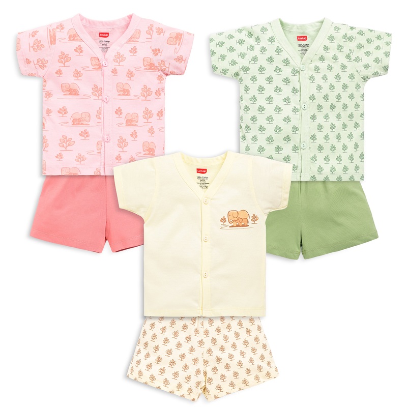 Baby Boys & Baby Girls Pack Of 3 Half Sleeve Jhabla & Shorts Set 100% Cotton L – 6 to 9 months