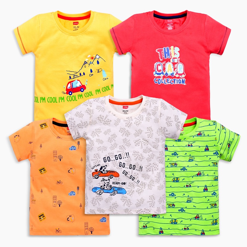 Baby Boys Regular Fit 100% Cotton Half Sleeve Boys T-Shirt Pack Of 5, Aurora Red, Sunflower, Sea Salt, Sharp Green & Papaya M – 3 to 6 Months