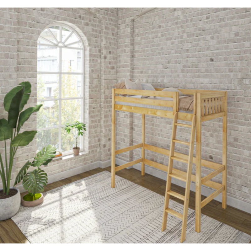 Maxtrix Twin Uber High Loft Bed (800 Lbs. Rating) Natural Ladder on Front Angled