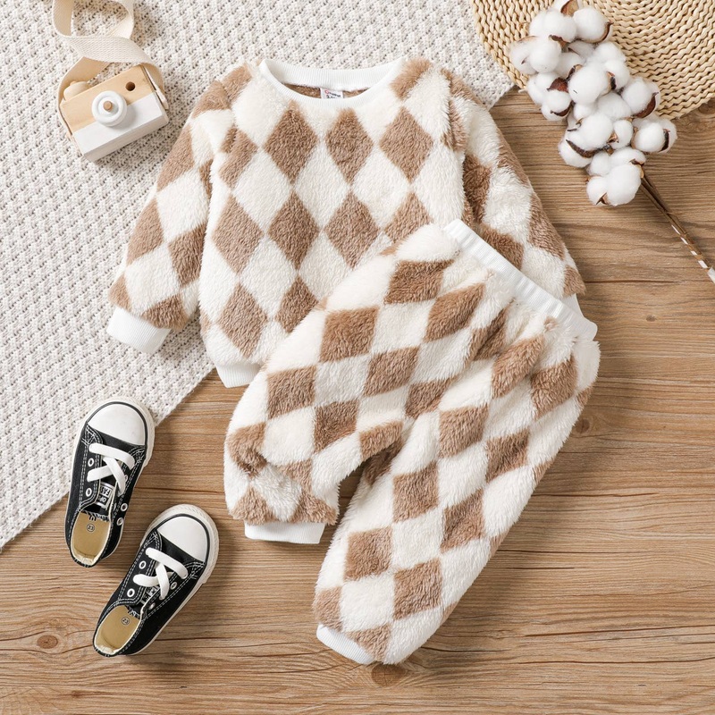 2pcs Baby Casual Grid Long Sleeve Set Khaki 9-12 Months