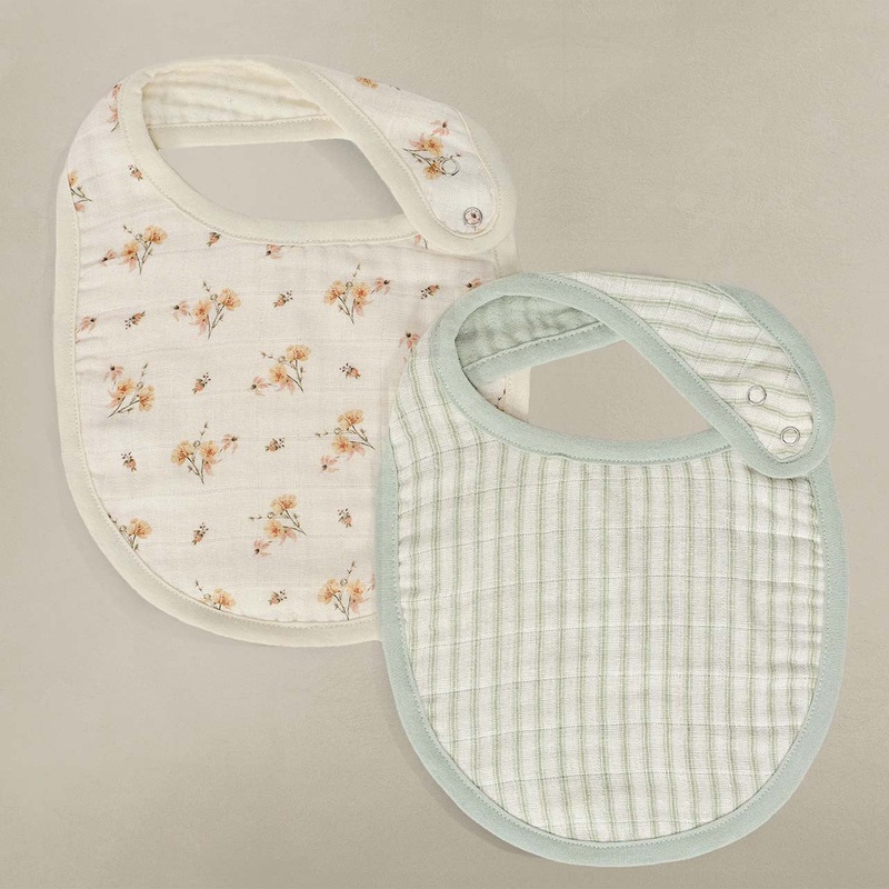 Oilo Fable Bibs 2 Pack- Dainty Floral & Stripe Sea Moss Organic Muslin