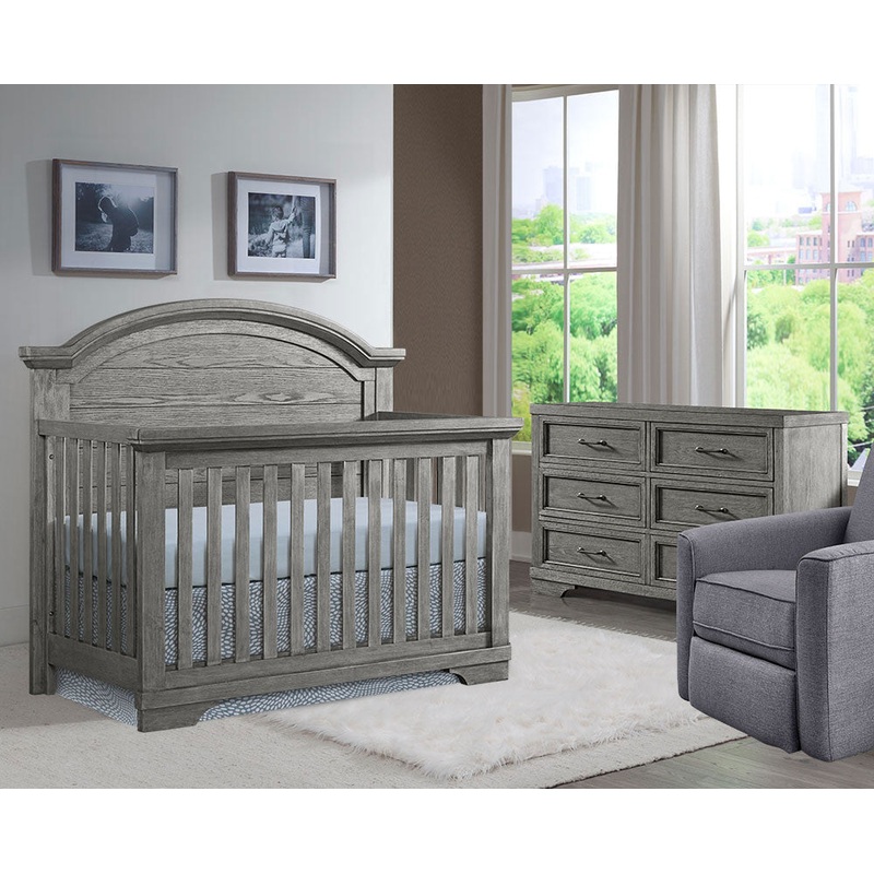 Westwood Foundry 2 Piece Nursery Set – Arched Crib and 6 Drawer in Brushed Pewter
