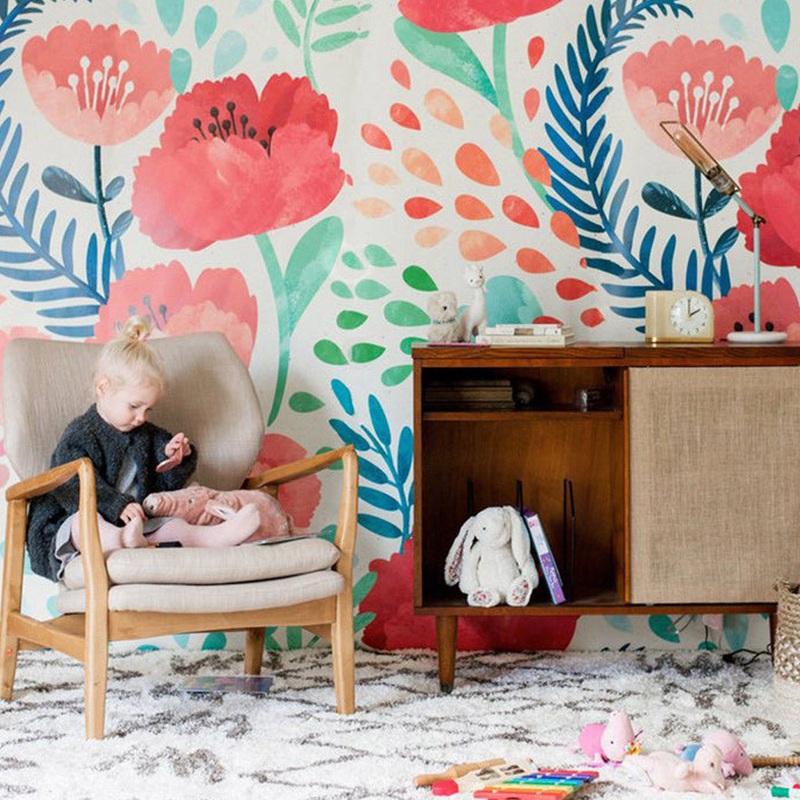 Crimson Poppy Mural Traditional Wallpaper