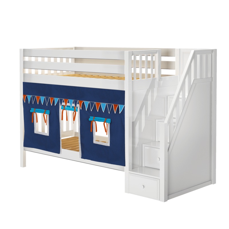 Maxtrix Twin Medium Bunk Bed with Stairs+ Curtain (800 Lbs. Rating) Blue + Red + Yellow Natural Panel