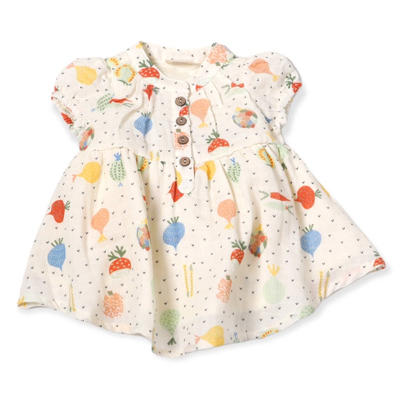 Veggie Puff Sleeve Muslin Baby Dress+Bloomer(Organic Muslin) Natural 3-6M