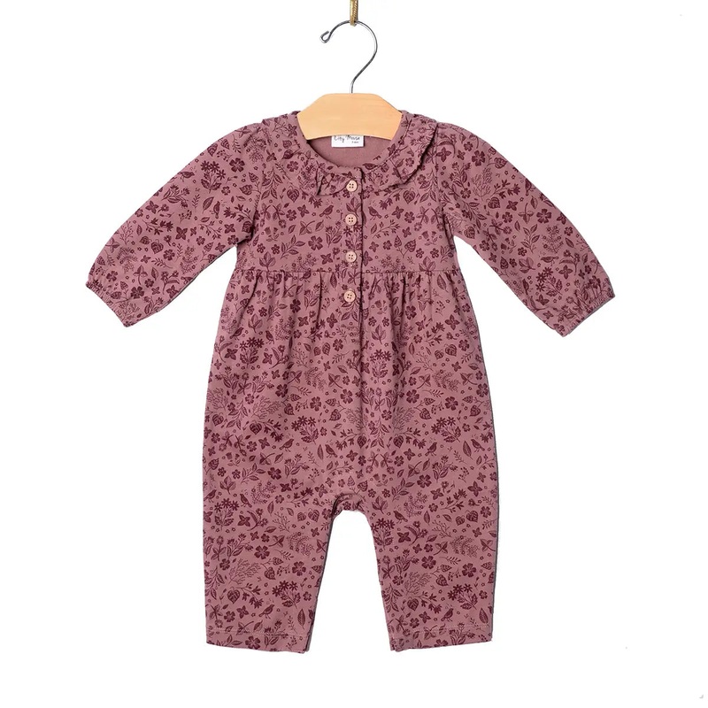 Frill Collar Romper | Plum Birds 0-3M
