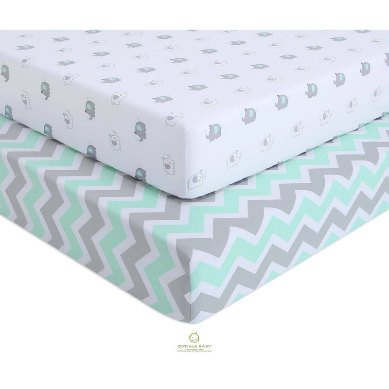 OptimaBaby 2PCS Pack Green Elephant Chevron Fitted Crib Sheets