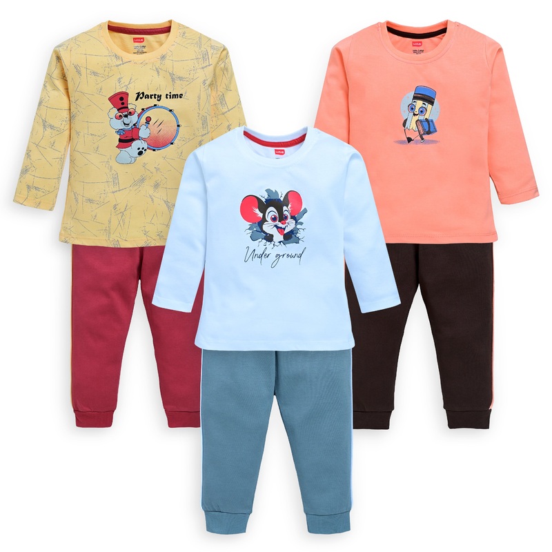 Baby Boys 100% Cotton Full Sleeve Boys T-Shirt & Pyjama Sets Pack Of 3, Mango, Sweet Peach & White M – 3 to 6 Months
