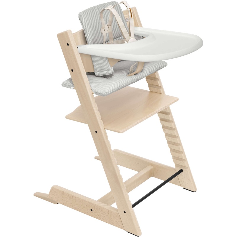 Tripp Trapp High Chair with Cushion + Stokke Tray Black + Nordic Grey Cushion