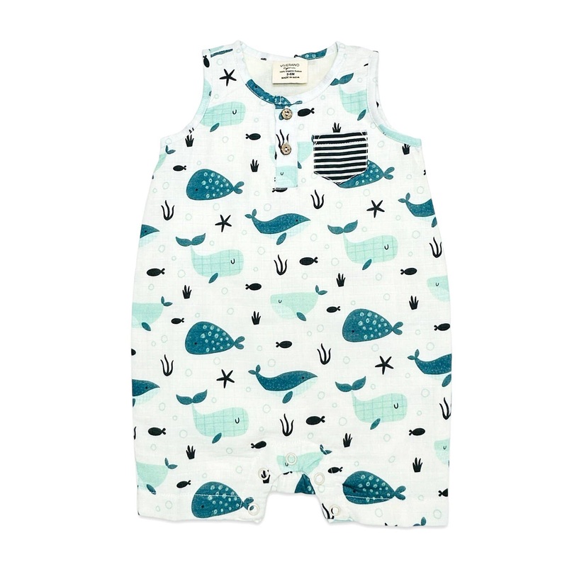 Whales Short Baby Romper (Organic Muslin) 0-3M WHITE