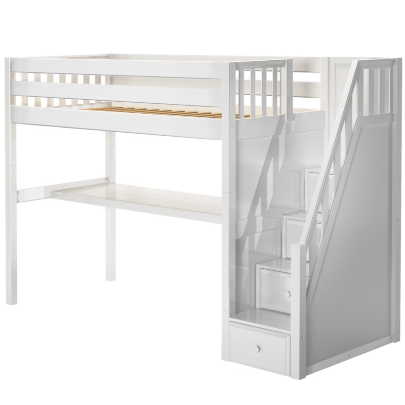 Maxtrix Twin XL High Loft Bed with Stairs + Desk (800 Lbs. Rating) Natural Slat Long Desk