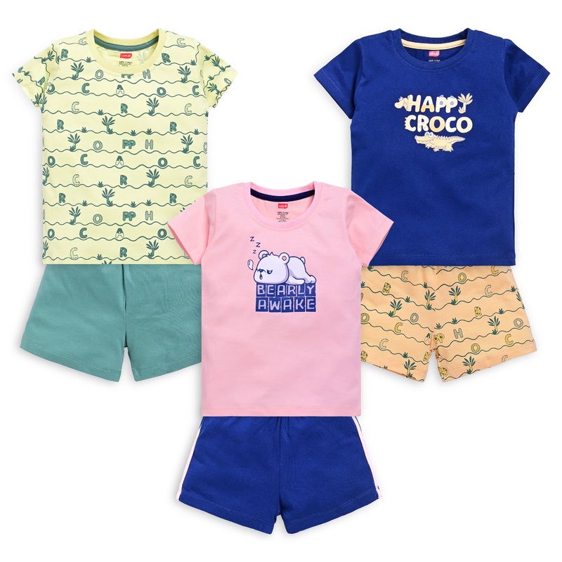 Baby Boys Regular Fit 100% Cotton Half Sleeves Boys T-Shirts and & Shorts Sets Pack Of 3, Pink Rose, Navy & Lime Green M – 3 to 6 Months