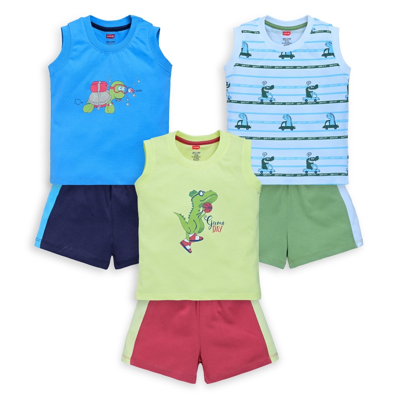 Baby Boys 100% Cotton Sleeveless Boys Tank Top & Shorts Sets Pack Of 3, Lime Green, White & Baltic Sea L – 6 to 12 Months