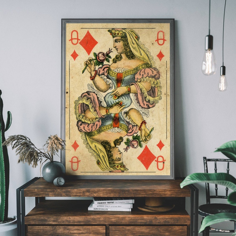 Vintage Playing Card Print – Queen of Diamonds 15  x 19  in | 40×50 cm Matte