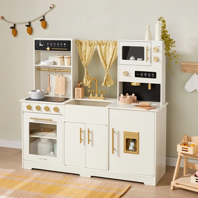 Tiny Land Iconic Wooden Play Kitchen  Cream Pretend Cooking Set for Kids