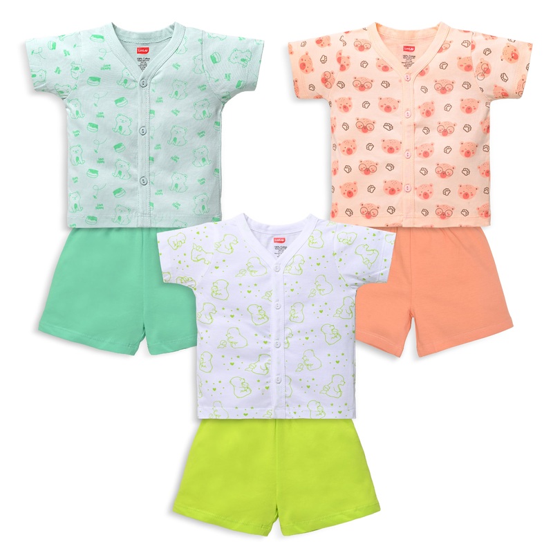Baby Boys & Baby Girls Pack Of 3 Half Sleeve Jhabla & Shorts Set 100% Cotton M – 3 to 6 Months