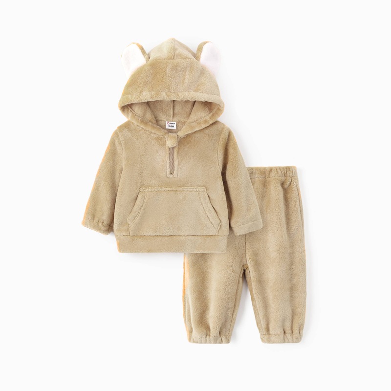 Baby Boy/Girl 2pcs Fleece 3D Ear Sweatshirt and Pants Set 12-18 Months Khaki